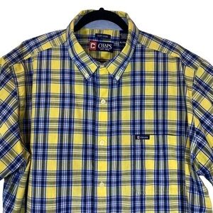 Chaps easy care short sleeve button down dress shirt XL men’s blue yellow plaid